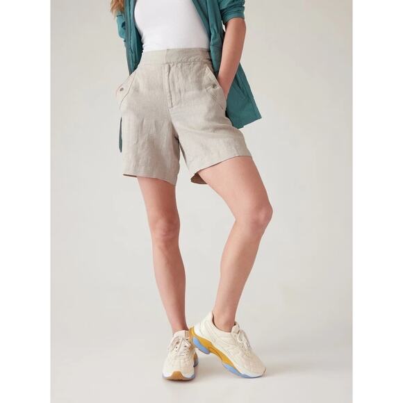 Athleta Voyager Linen Midi Shorts Beige Casual Sz 8 Minimal Travel Neutral Fall - Picture 1 of 7